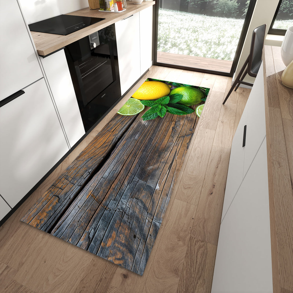 Formstabiler rutschfester Küchenteppich mit Motiv Zitrusfruechte Holz in moderner Küche