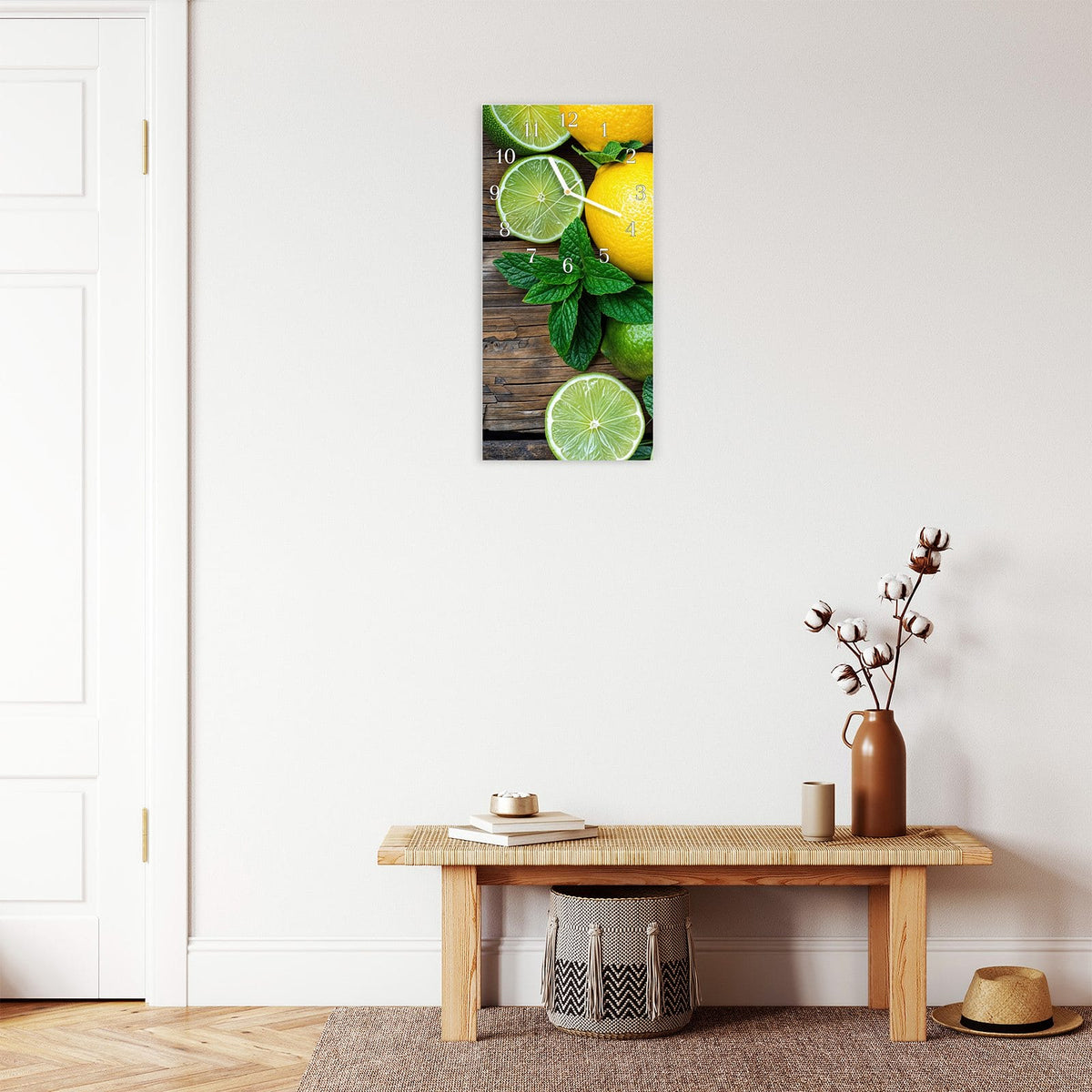 Moderne Wanduhr aus Glas mit Farbtiefe – Wanduhr Zitrusfruechte Holz aus Glas – Hochformat 30 × 60 cm