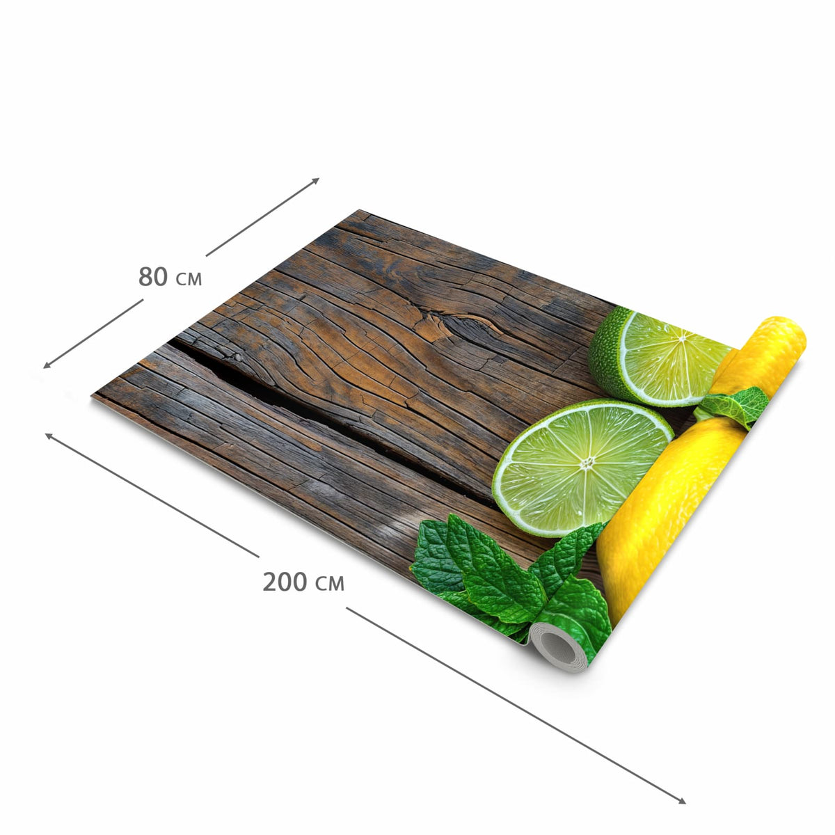 Bodenschonender waschbarer Küchenteppich mit Motiv Zitrusfruechte Holz in der Grösse 80x250 cm
