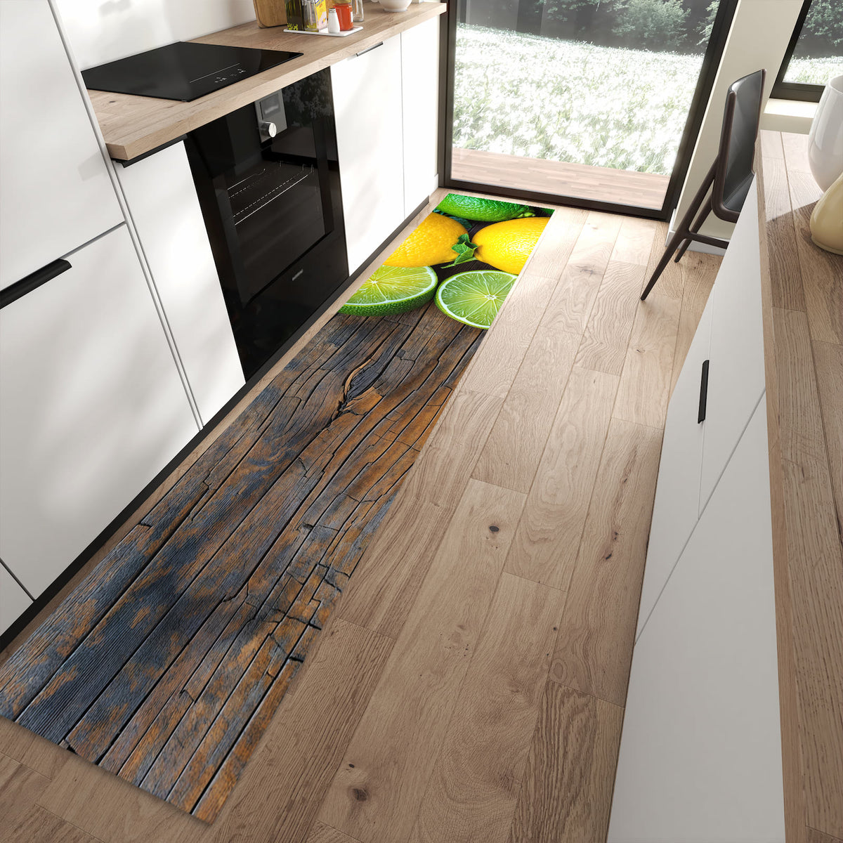 Langlebiger Küchenläufer mit Motiv Zitrusfruechte Holz in moderner Küche