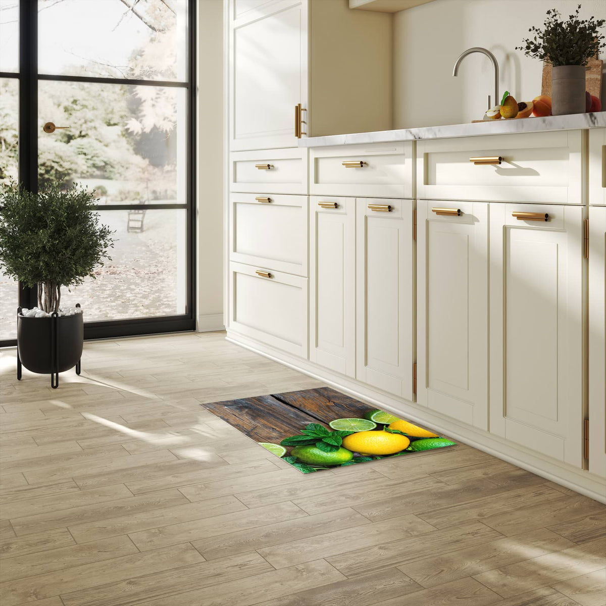 Zeitsparender waschbarer Küchenteppich mit Motiv Zitrusfruechte Holz in heller Küche