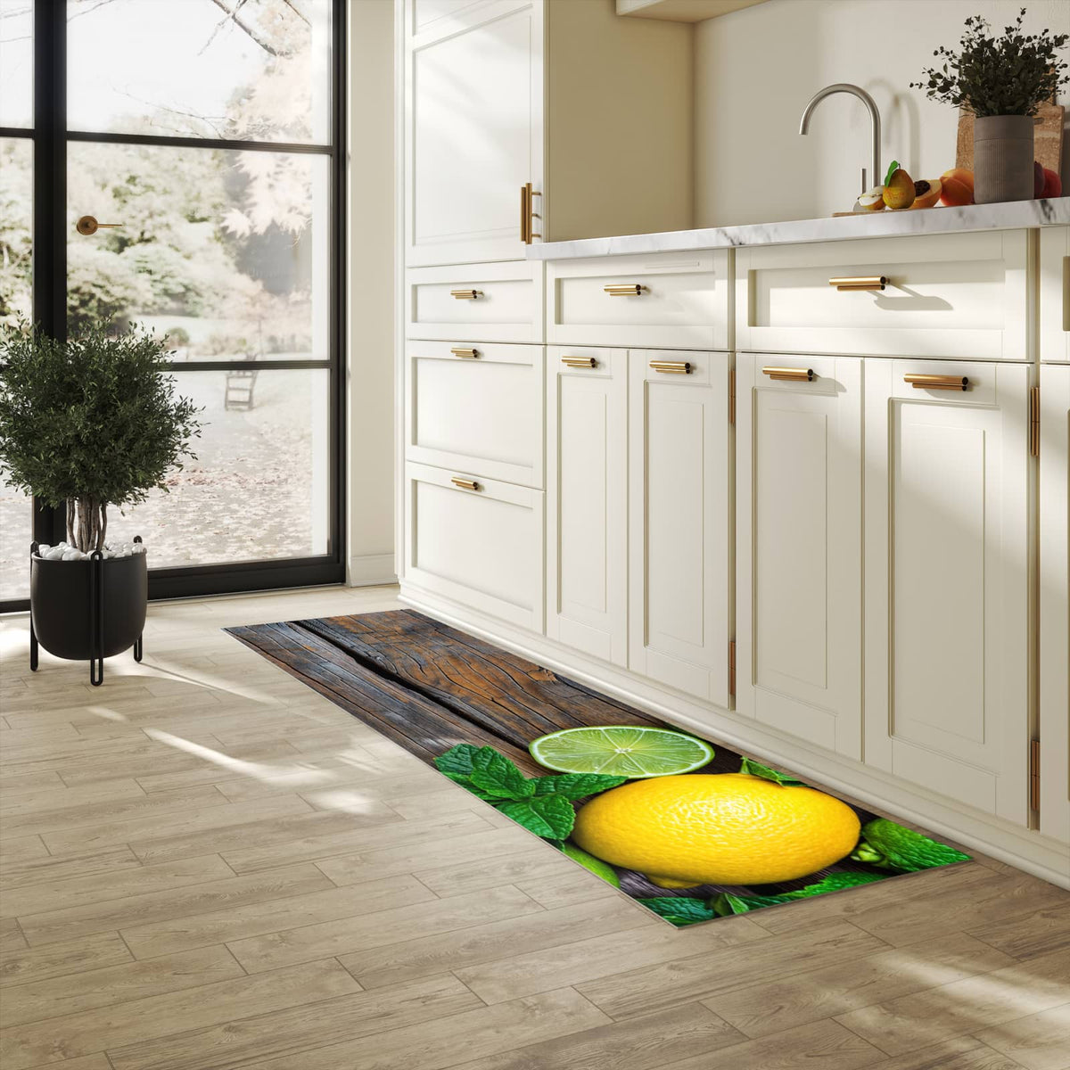 Farbbeständiger waschbarer Küchenteppich mit Motiv Zitrusfruechte Holz in heller Küche