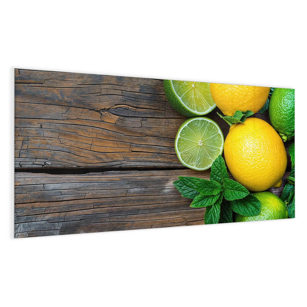Ganze und halbierte Zitronen und Limetten mit frischen Minzblättern auf dunklem, verwittertem Holz.