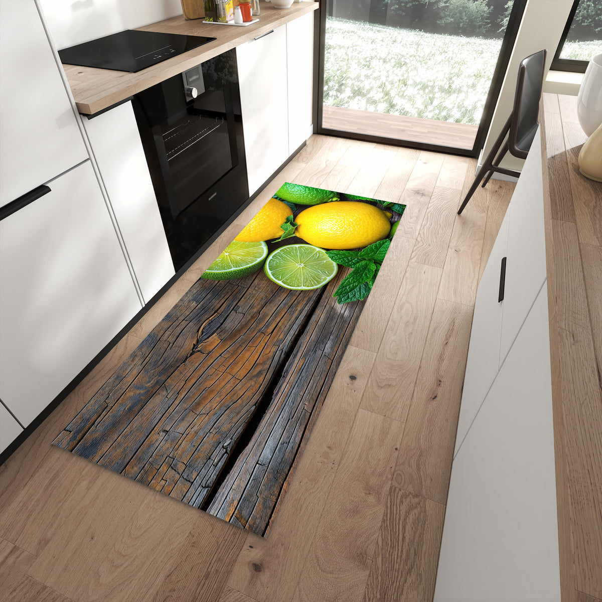 Feuchtigkeitsresistenter waschbarer Küchenläufer mit Motiv Zitrusfruechte Holz in moderner Küche