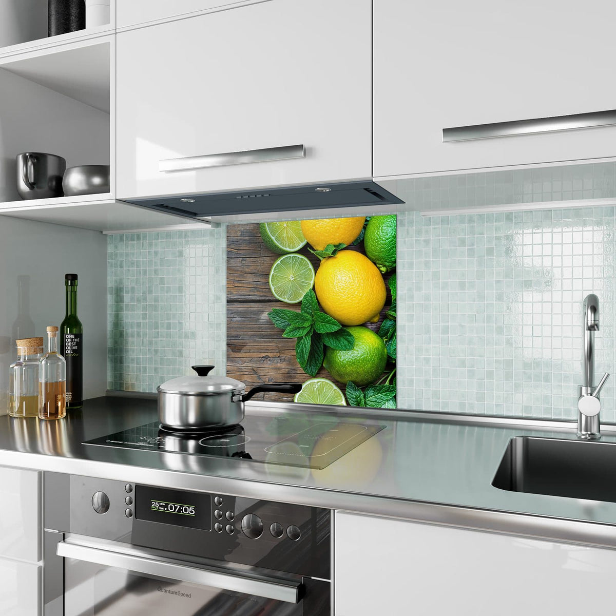 Küchenrückwand Zitronen und Limetten aus Glas – Zitrusfrüchte und Minze auf Holz