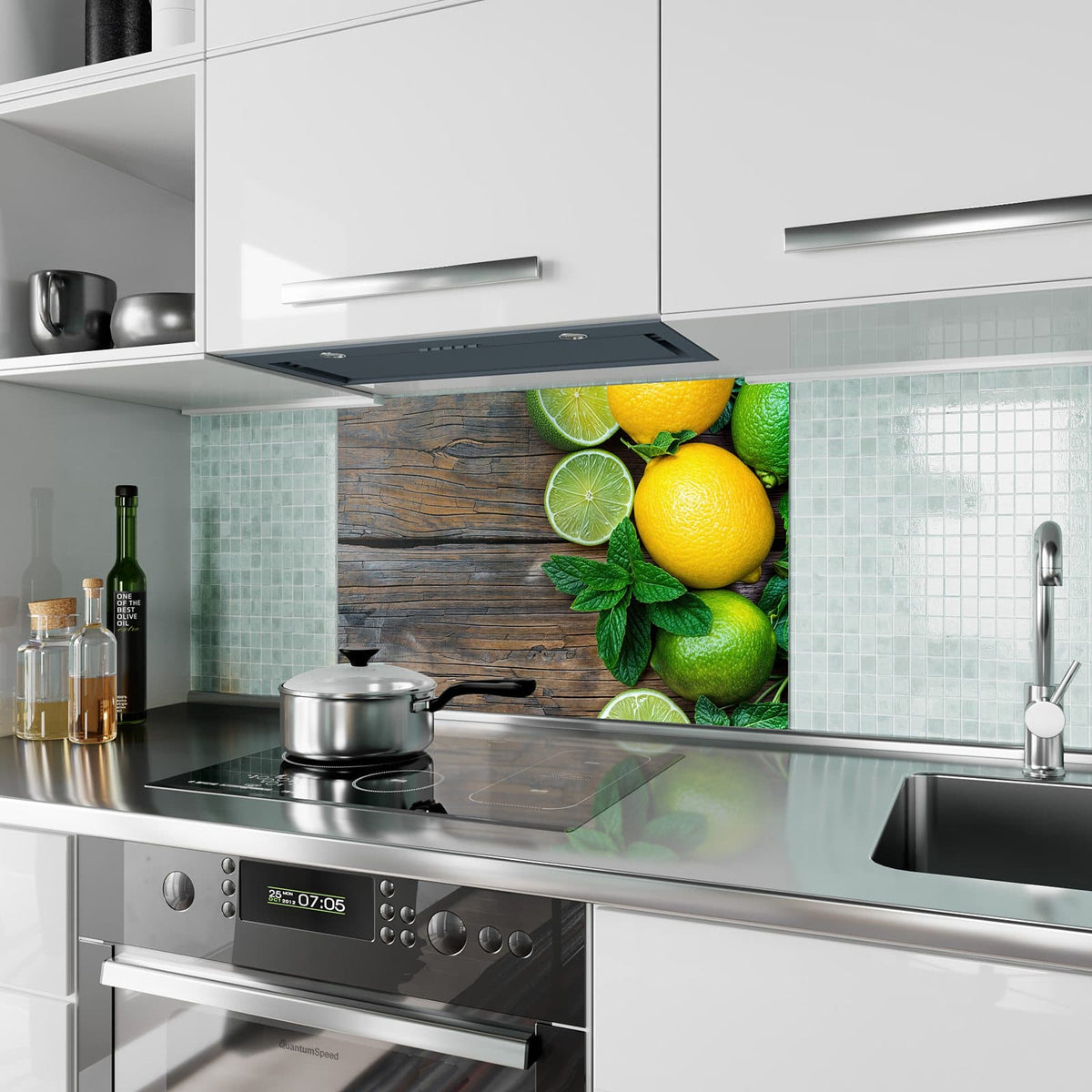 Küchenrückwand aus Glas Zitronen und Limetten im Hochformat als Spritzschutz hinter dem Kochfeld, über dem Fliesenspiegel montiert