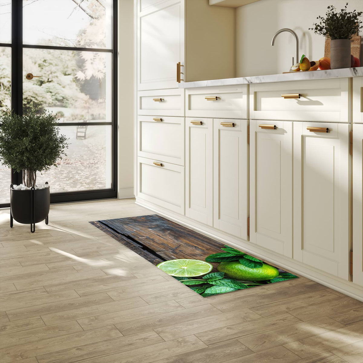 Bodenschonender waschbarer Küchenteppich mit Motiv Zitrusfruechte Holz in heller Küche