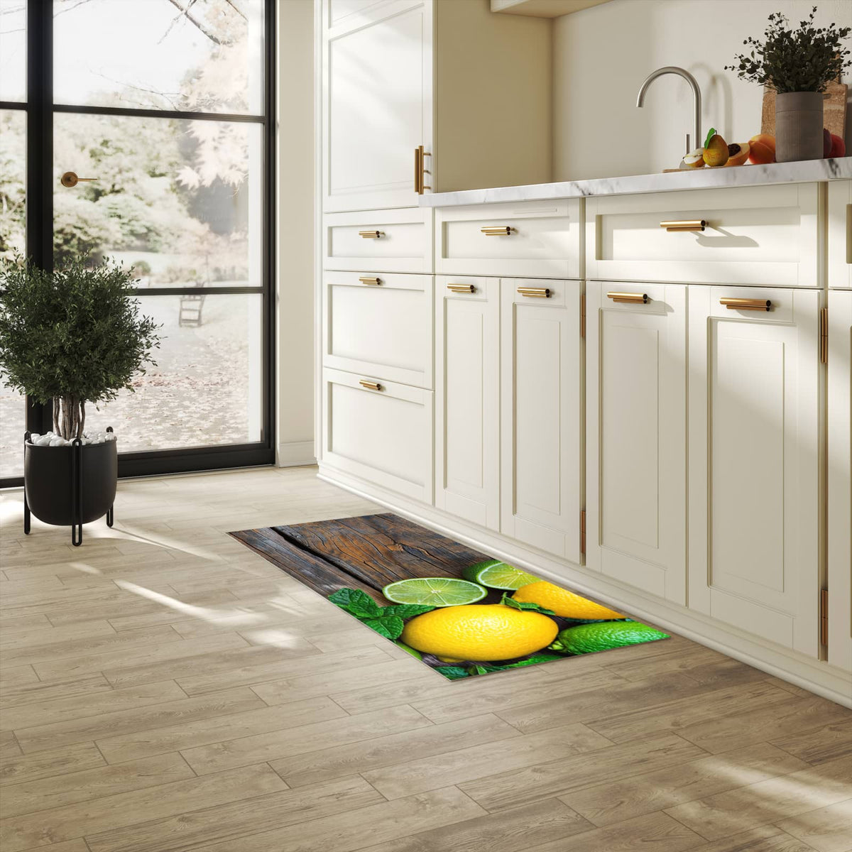 Küchenteppich mit Motiv Zitrusfruechte Holz für Ordnung in heller Küche