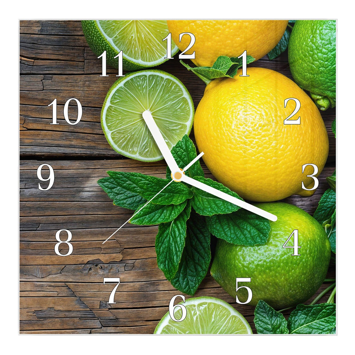 Wanduhr aus Glas, Ziffernblatt Klassisch: Ganze und halbierte Zitronen und Limetten mit frischen Minzblättern auf dunklem, verwittertem Holz.