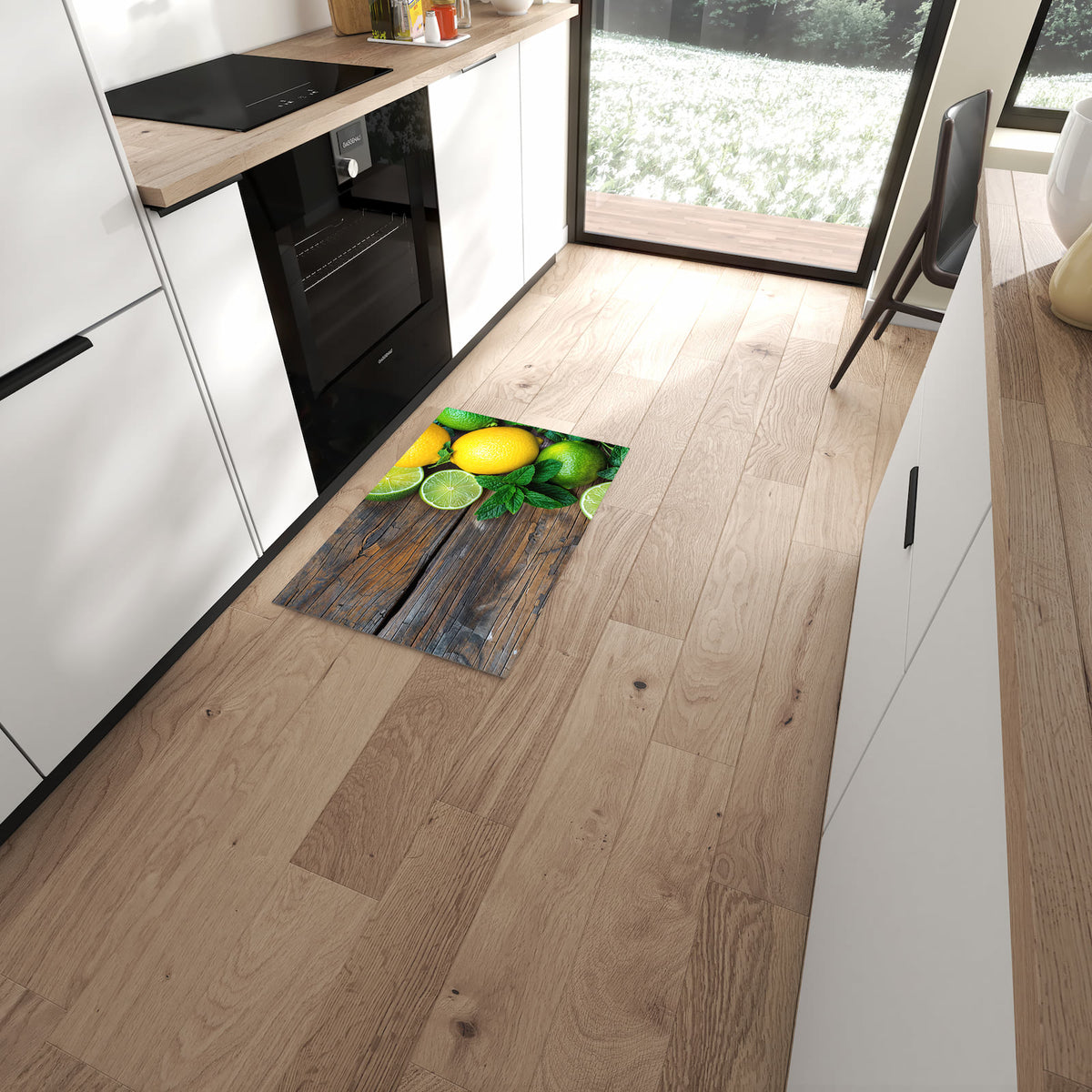 Rutschfester waschbarer Küchenläufer mit Motiv Zitrusfruechte Holz in moderner Küche