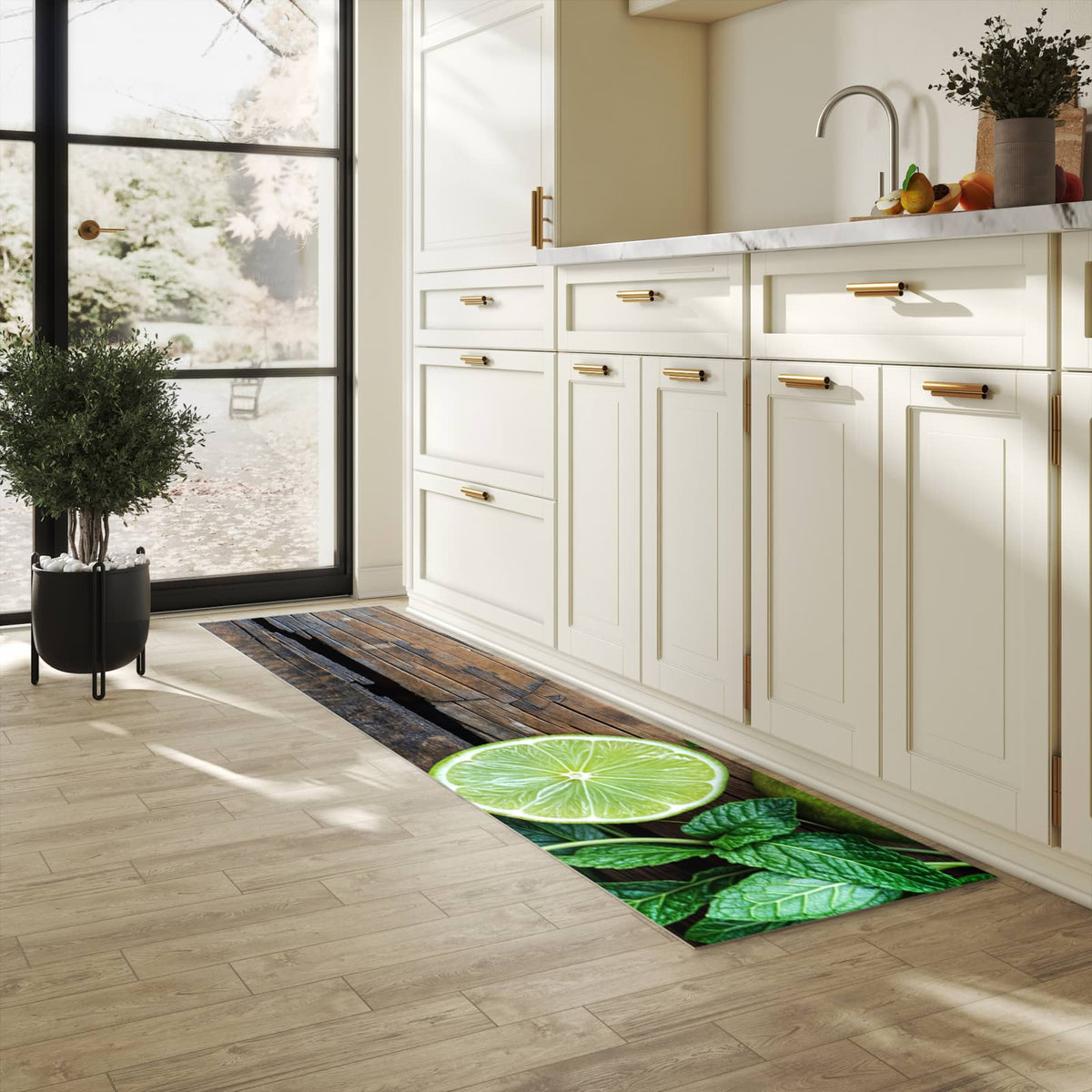Formstabiler großer Küchenteppich mit Motiv Zitrusfruechte Holz in heller Küche