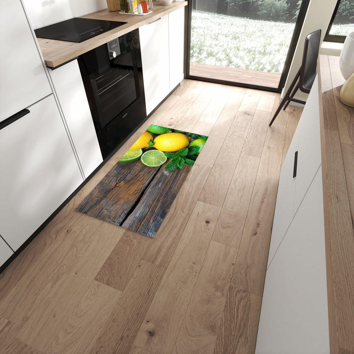 Pflegeleichter Küchenläufer mit Motiv Zitrusfruechte Holz in moderner Küche #grösse_60 x 120 cm