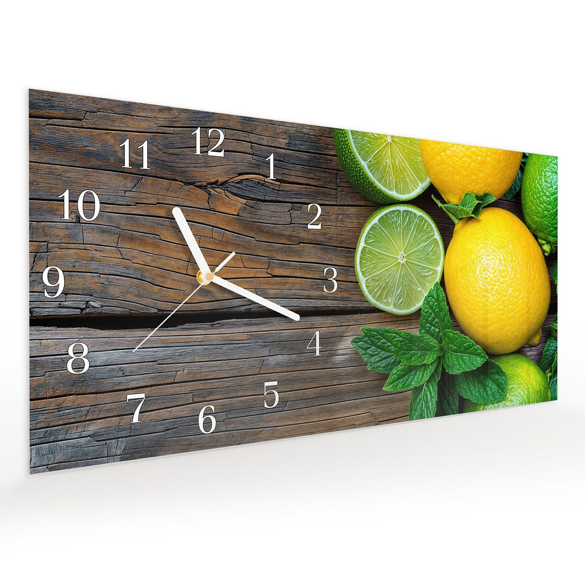 Vormontiert – mit Schwebeeffekt – Wanduhr Zitrusfruechte Holz aus Glas – Querformat 60 × 30 cm