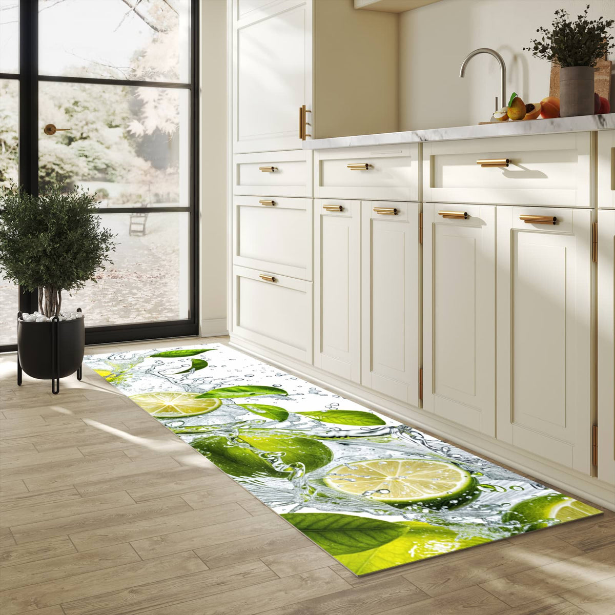 Waschbarer Bodenläufer Teppich mit Motiv Zitrusfrucht Spritzer in heller Küche