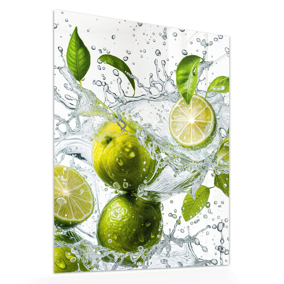 Echtglas, 4 mm – kein Acryl, keine Folie – Wandbild - Limetten im Wasser - Hochformat