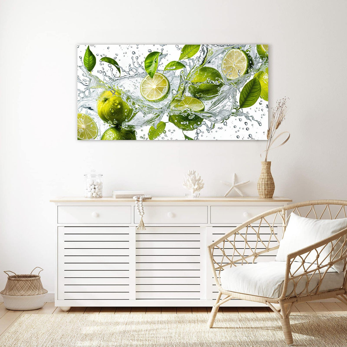 Echtglas, 4 mm – kein Acryl, keine Folie – Wandbild - Limetten im Wasser - Querformat