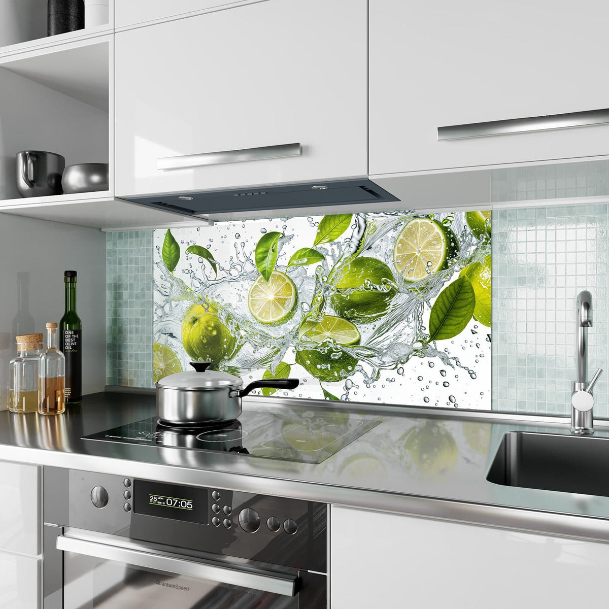 Küchenrückwand aus Glas Limetten im Wasser im Hochformat als Spritzschutz hinter dem Kochfeld, über dem Fliesenspiegel montiert