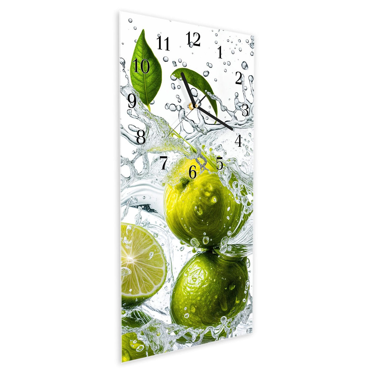 Vormontiert – mit Schwebeeffekt – Wanduhr Zitrusfrucht Spritzer aus Glas – Hochformat 30 × 60 cm