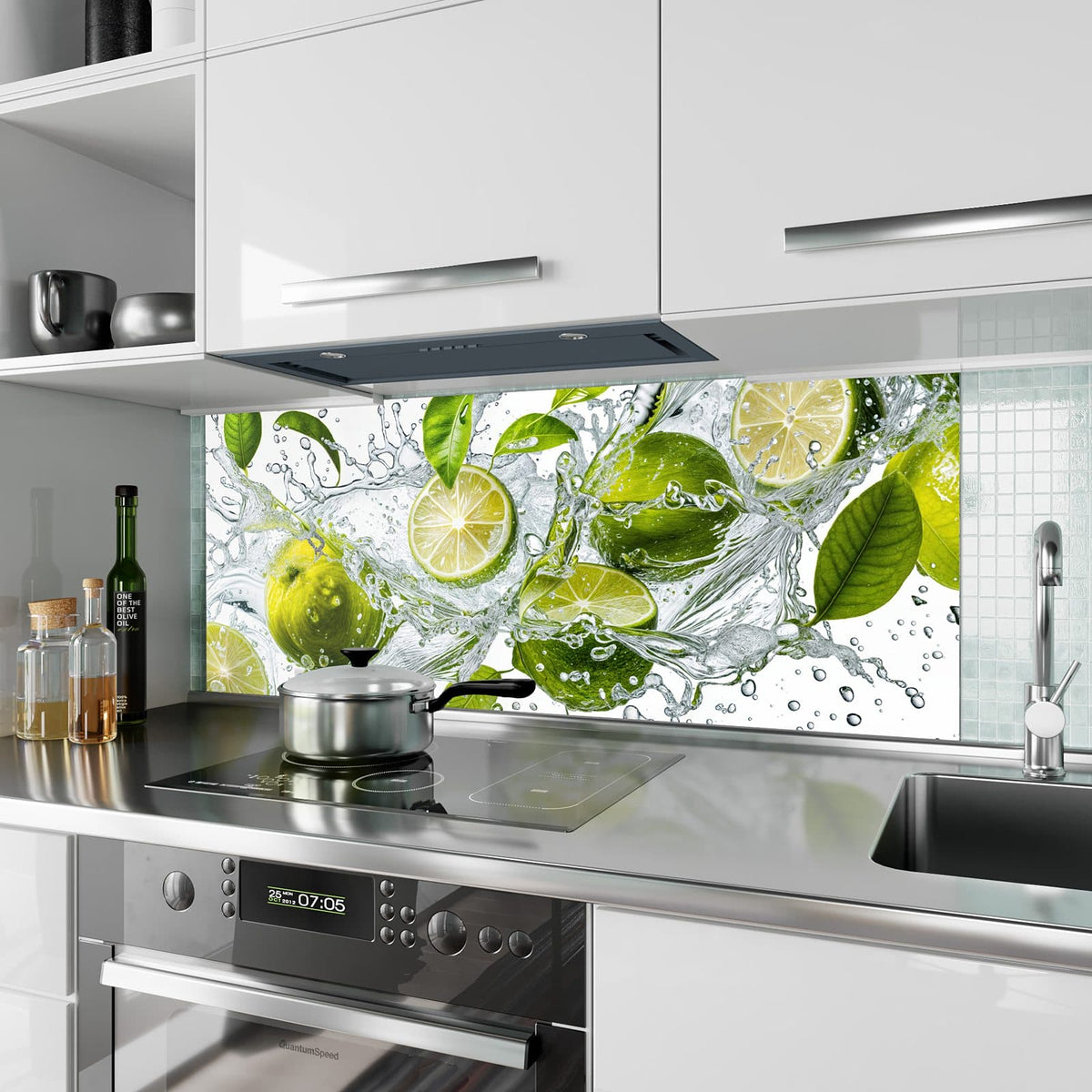 Küchenrückwand aus Glas Limetten im Wasser im Hochformat als Spritzschutz hinter dem Kochfeld, über dem Fliesenspiegel montiert
