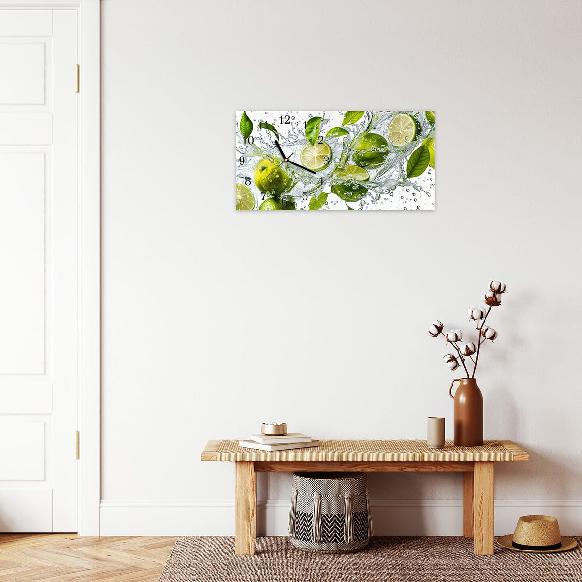 Moderne Wanduhr aus Glas mit Farbtiefe – Wanduhr Zitrusfrucht Spritzer aus Glas – Querformat 60 × 30 cm