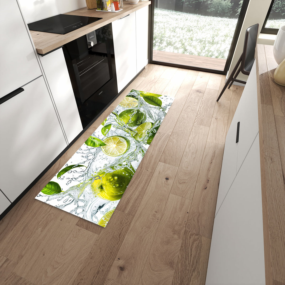 UV-beständiger Küchenteppich mit Motiv Zitrusfrucht Spritzer in moderner Küche