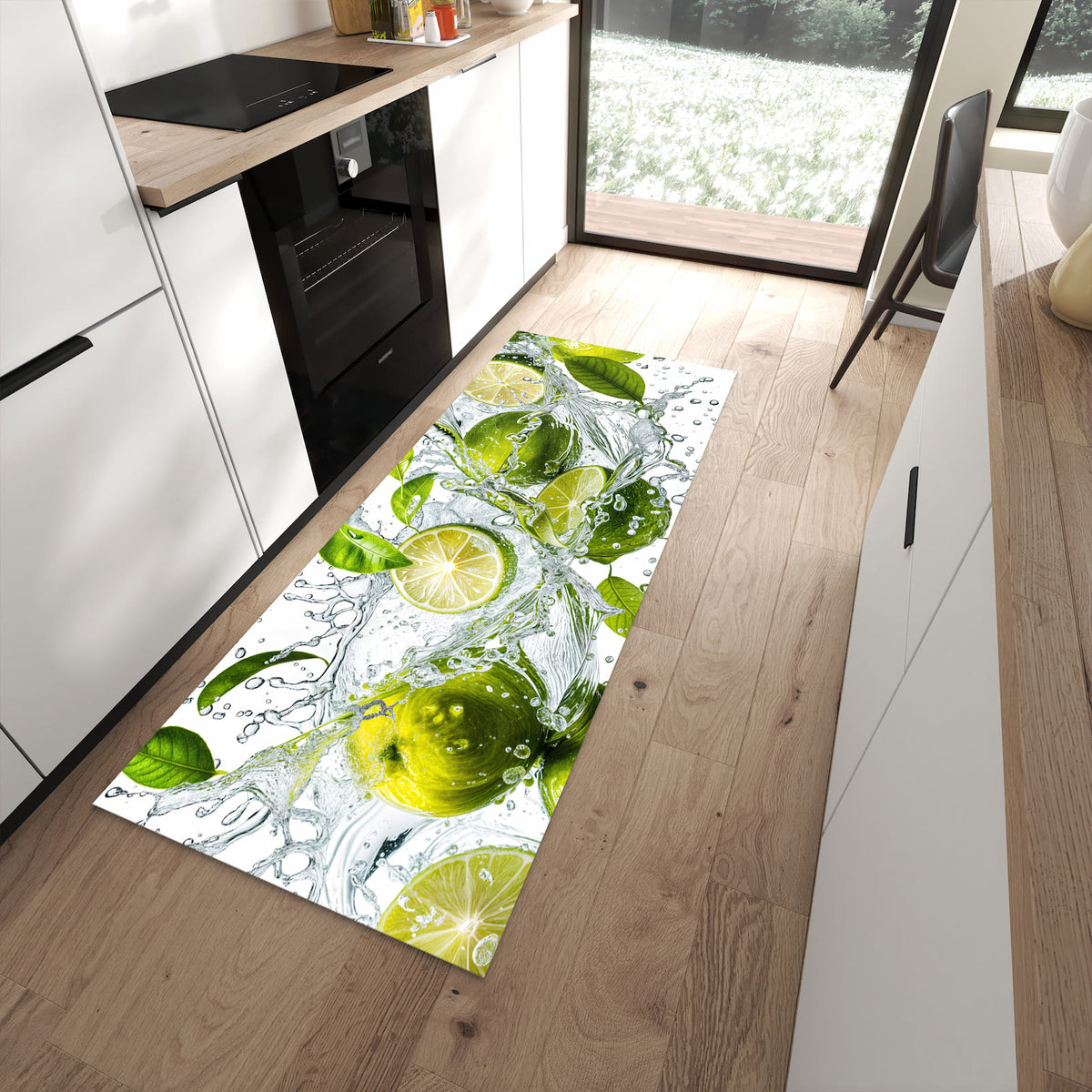 Geruchsneutraler Küchenteppich mit Motiv Zitrusfrucht Spritzer in moderner Küche