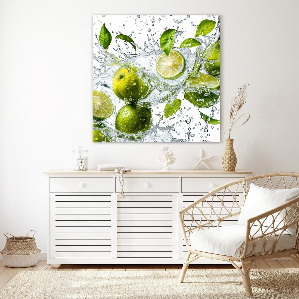 Glasbild Limetten im Wasser an der Wand – Ganze und halbierte Limetten mit Blättern in aufspritzendem Wasser vor Weiß