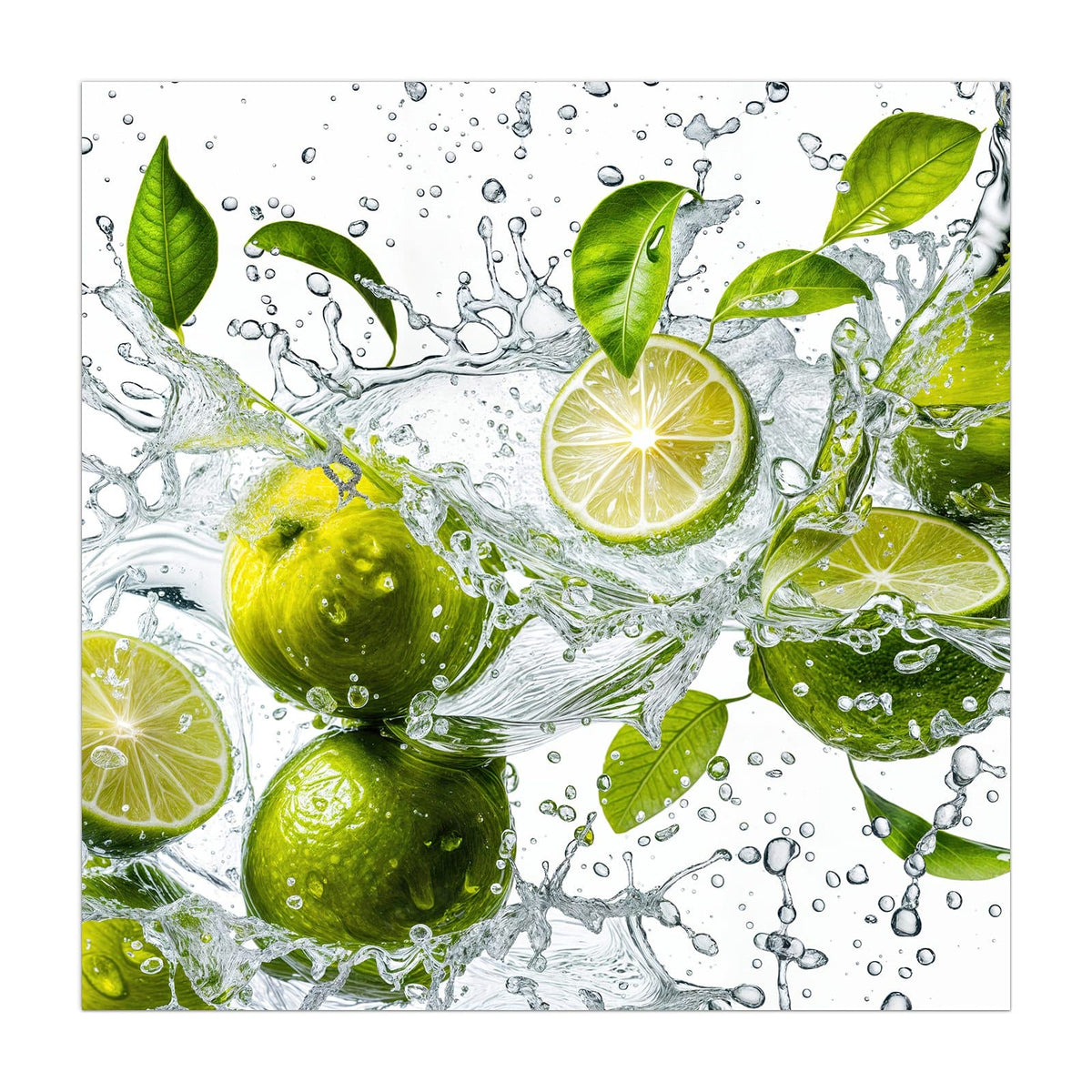 Küchenrückwand aus Glas Limetten im Wasser im quadratischen Format, Motiv bildfüllend von vorn
