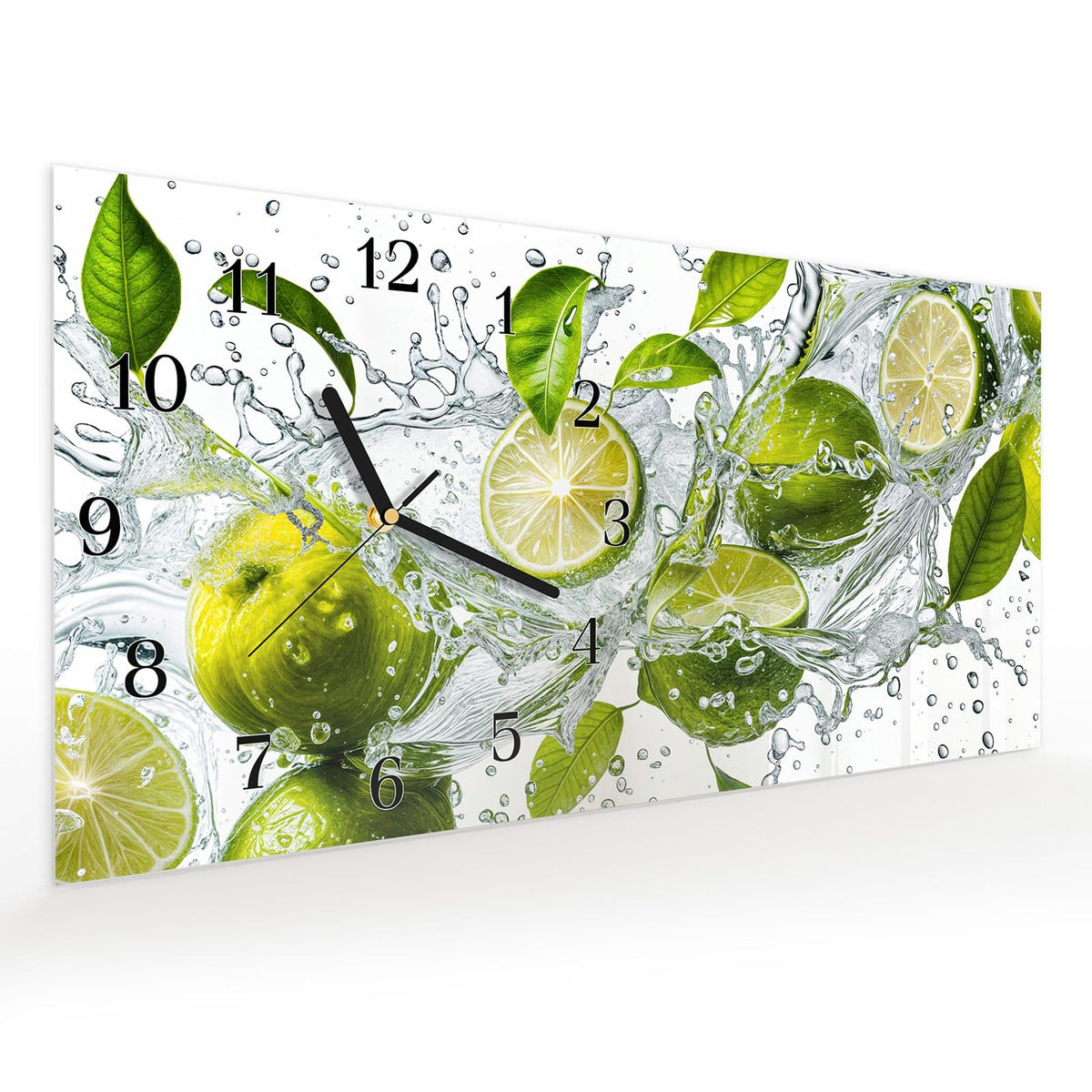 Vormontiert – mit Schwebeeffekt – Wanduhr Zitrusfrucht Spritzer aus Glas – Querformat 60 × 30 cm