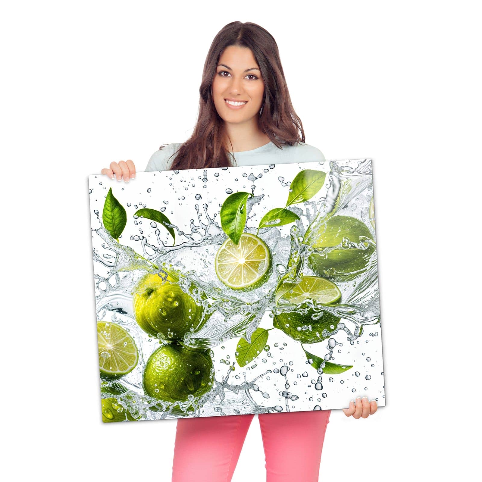 Abdeckplatte für Ceranfeld mit Zitrusfrucht Spritzer-Motiv wird zur Größendarstellung gehalten
