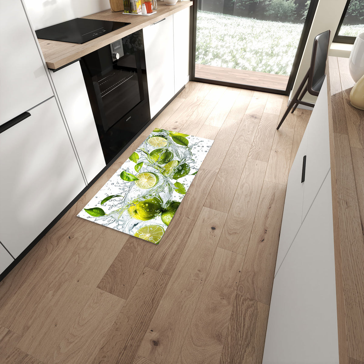Geräuschdämpfender abwaschbarer Küchenläufer mit Motiv Zitrusfrucht Spritzer in moderner Küche #grösse_60 x 120 cm