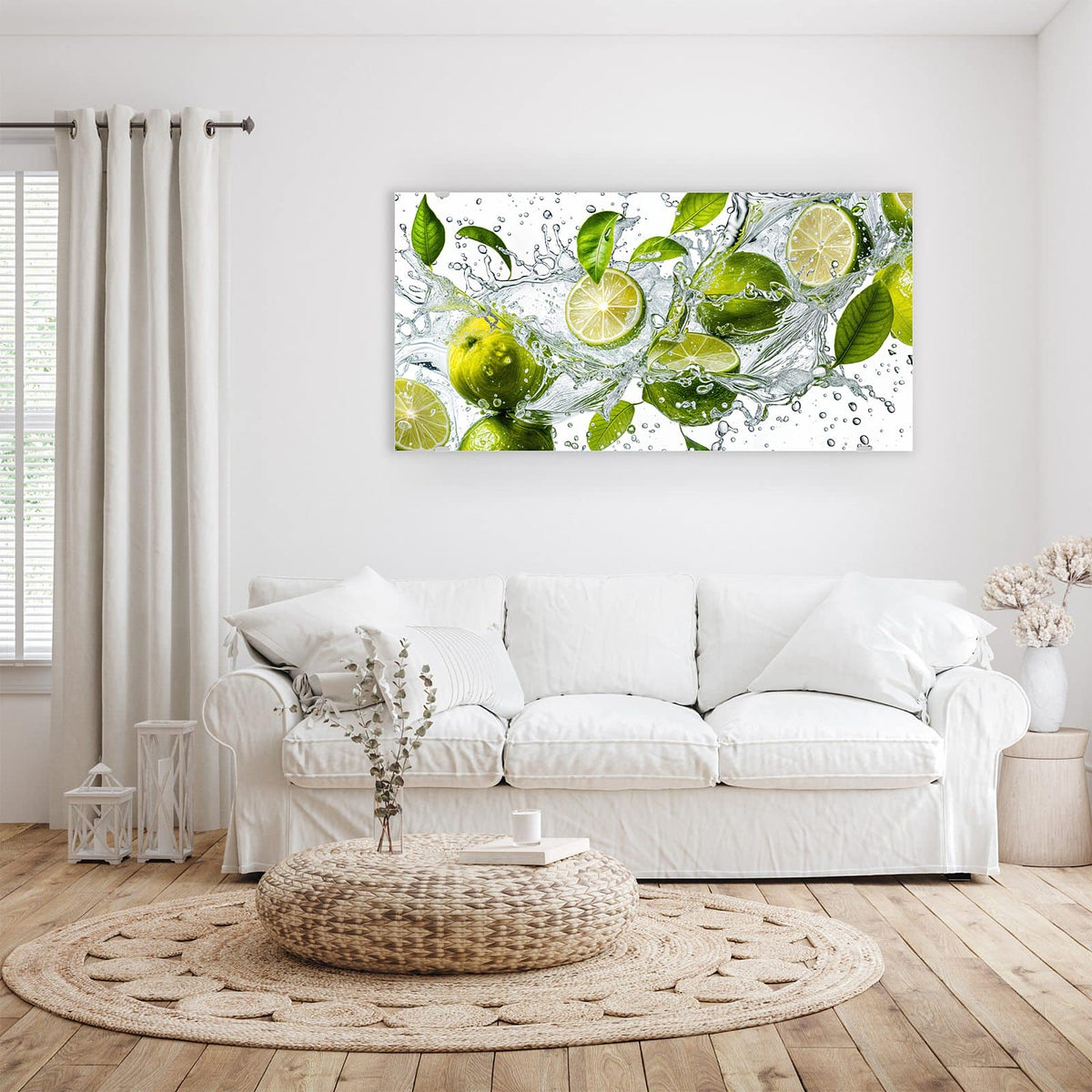 Wandbild - Limetten im Wasser - Querformat – Limetten im Wasserspritzer