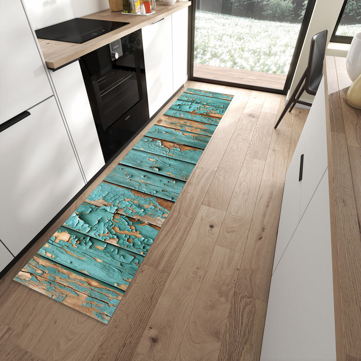 Flacher Küchenläufer mit Motiv Farbe von Abblätternde in moderner Küche