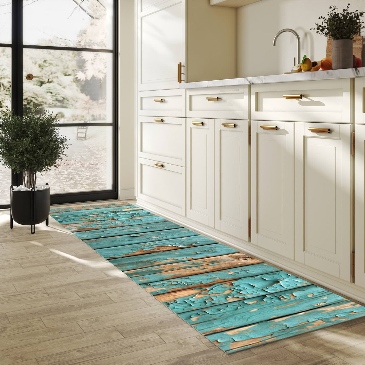 Komfortabler langer Teppich mit Motiv Farbe von Abblätternde in heller Küche