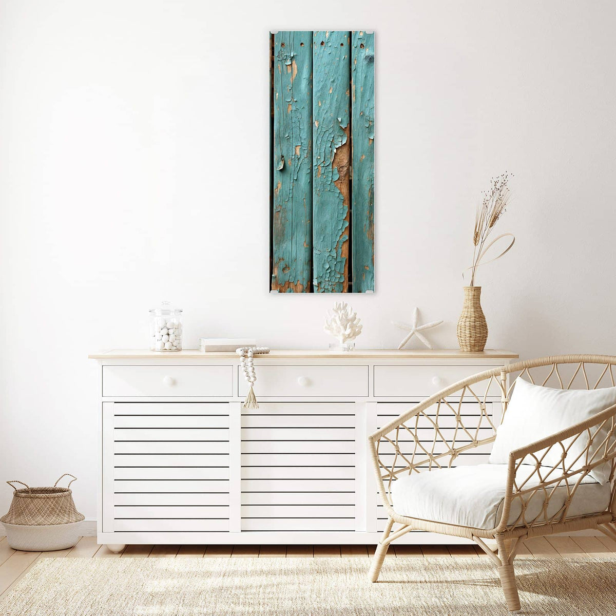 Wandbild - Türkise Farbe auf Holz - Hochformat – Türkise Farbe blättert von Holz
