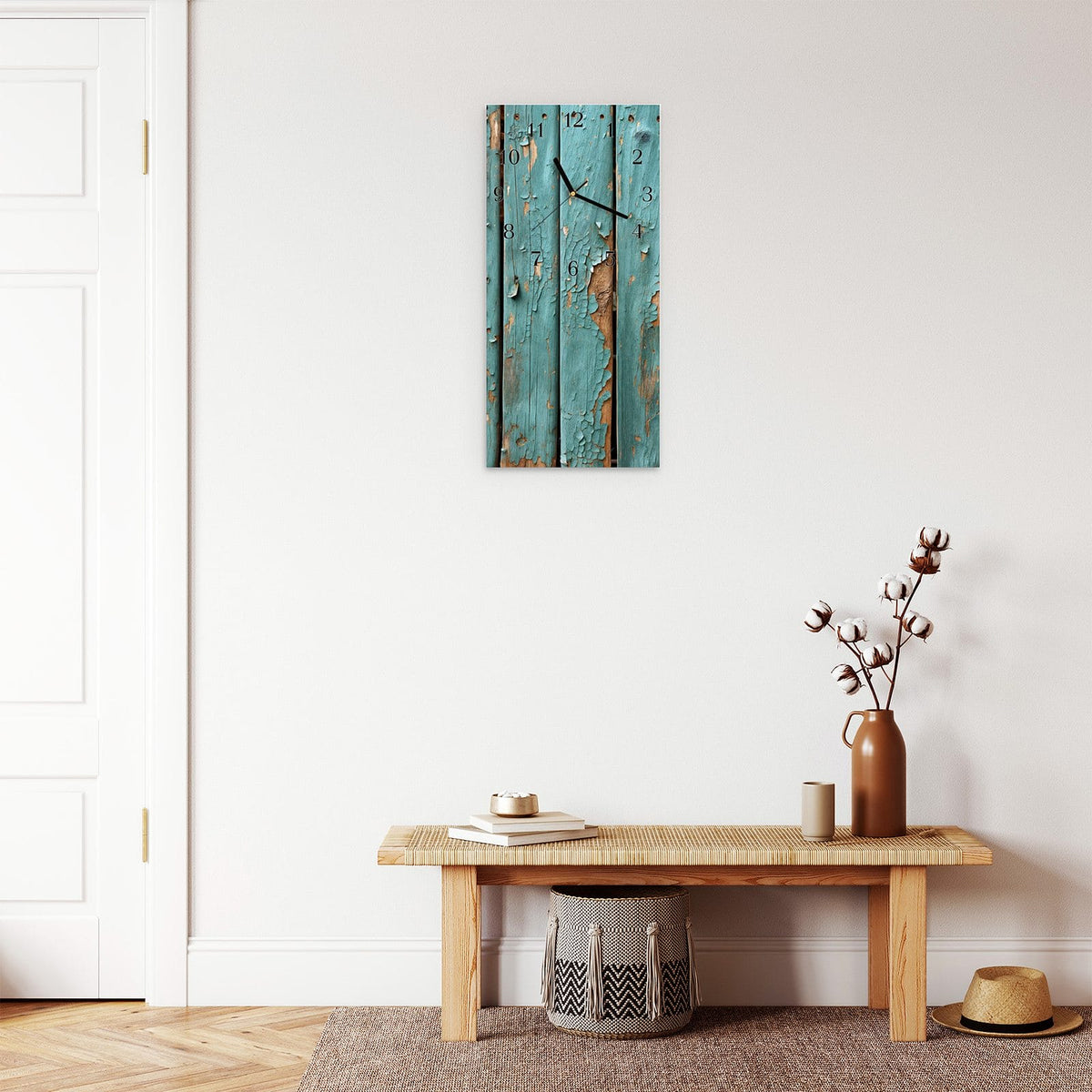 Moderne Wanduhr aus Glas mit Farbtiefe – Wanduhr Alte Abblätternde Farbe aus Glas – Hochformat 30 × 60 cm