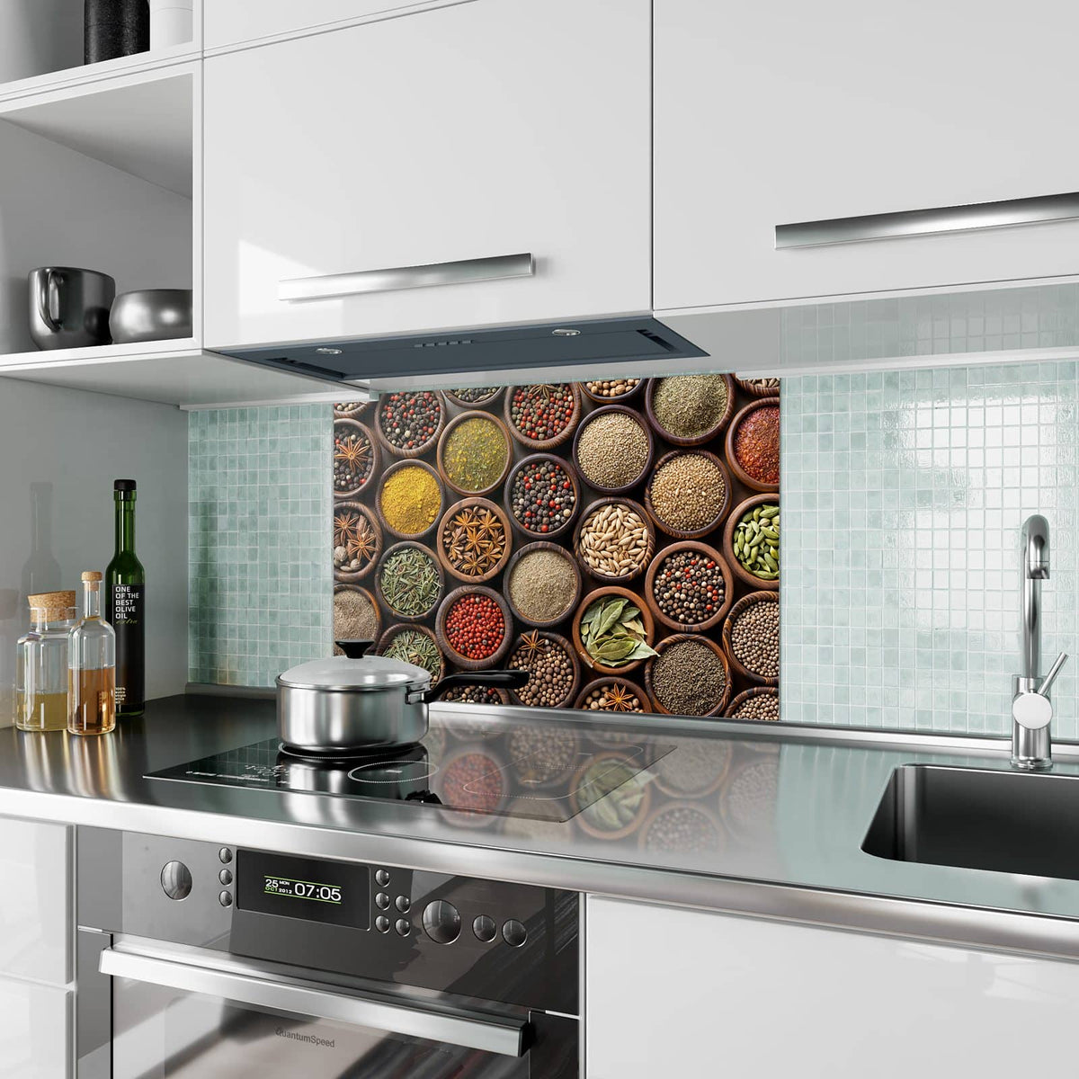 Küchenrückwand aus Glas Dunkle Gewürzschalen im Hochformat als Spritzschutz hinter dem Kochfeld, über dem Fliesenspiegel montiert