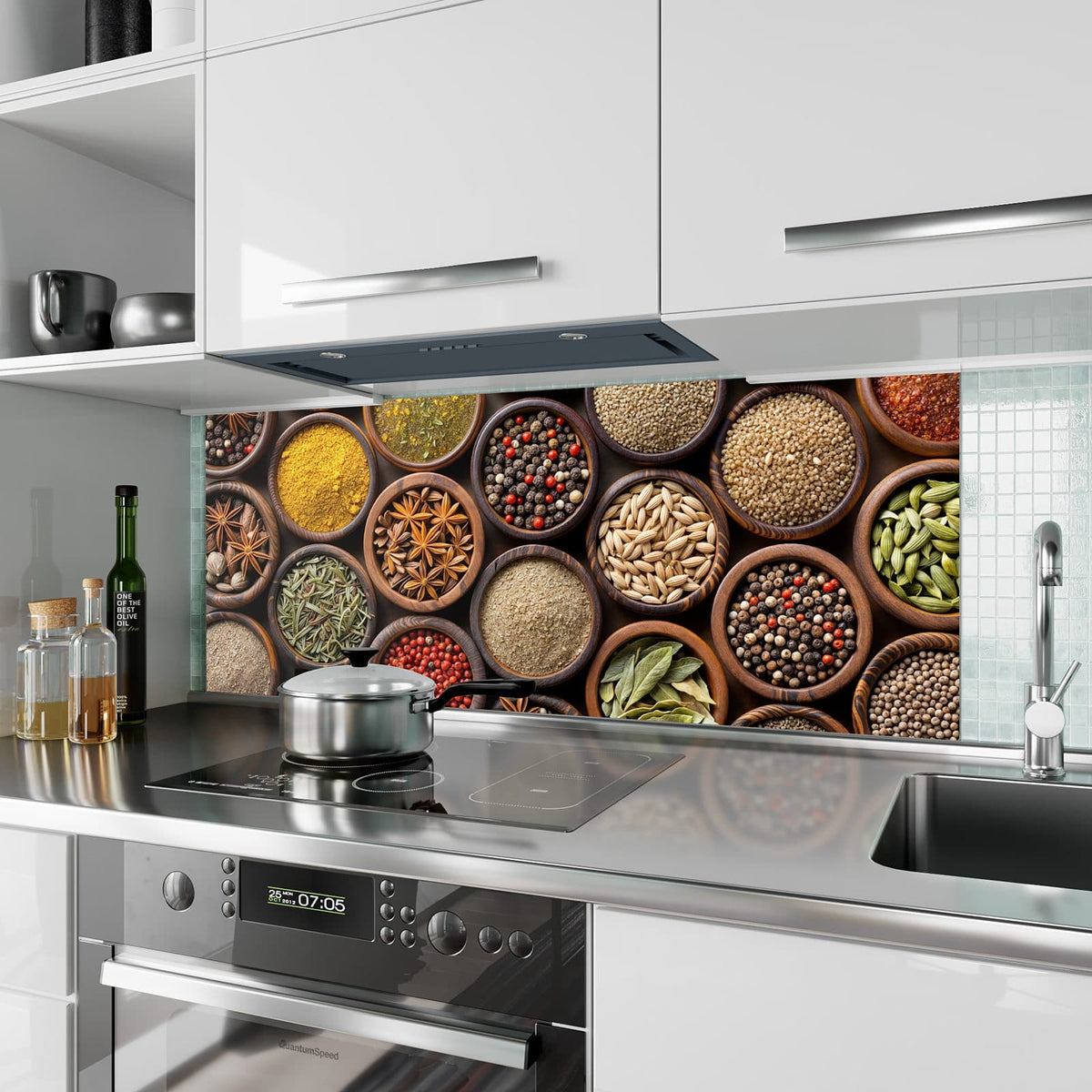 Küchenrückwand aus Glas Dunkle Gewürzschalen im Hochformat als Spritzschutz hinter dem Kochfeld, über dem Fliesenspiegel montiert