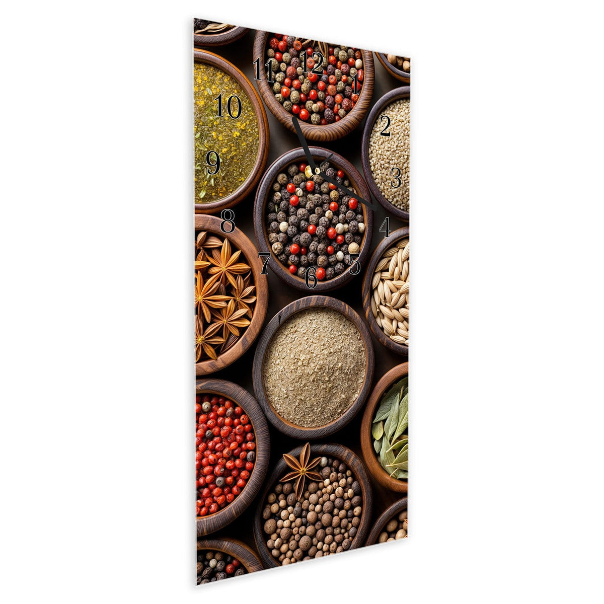 Vormontiert – mit Schwebeeffekt – Wanduhr Verschiedene Gewuerze aus Glas – Hochformat 30 × 60 cm
