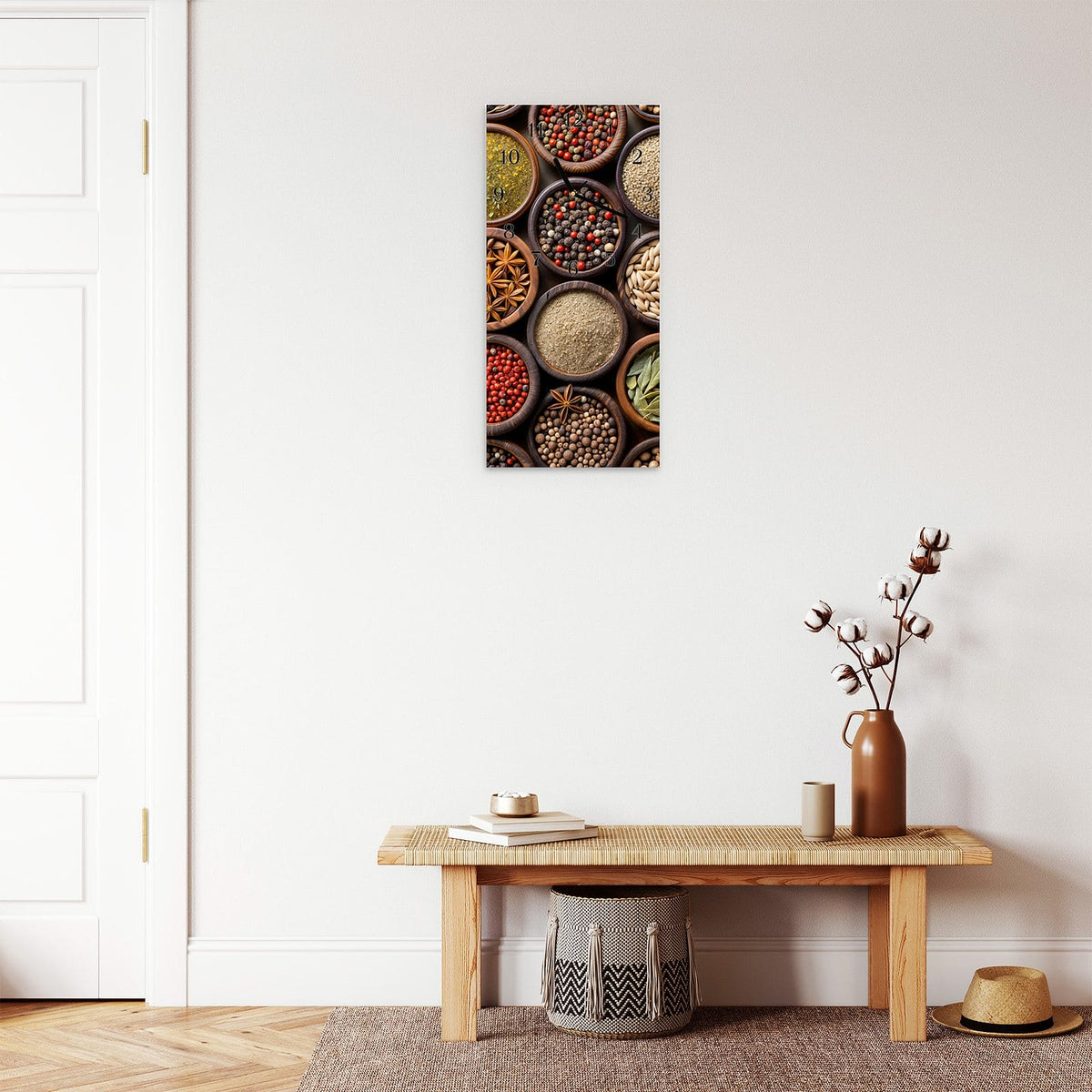 Moderne Wanduhr aus Glas mit Farbtiefe – Wanduhr Verschiedene Gewuerze aus Glas – Hochformat 30 × 60 cm