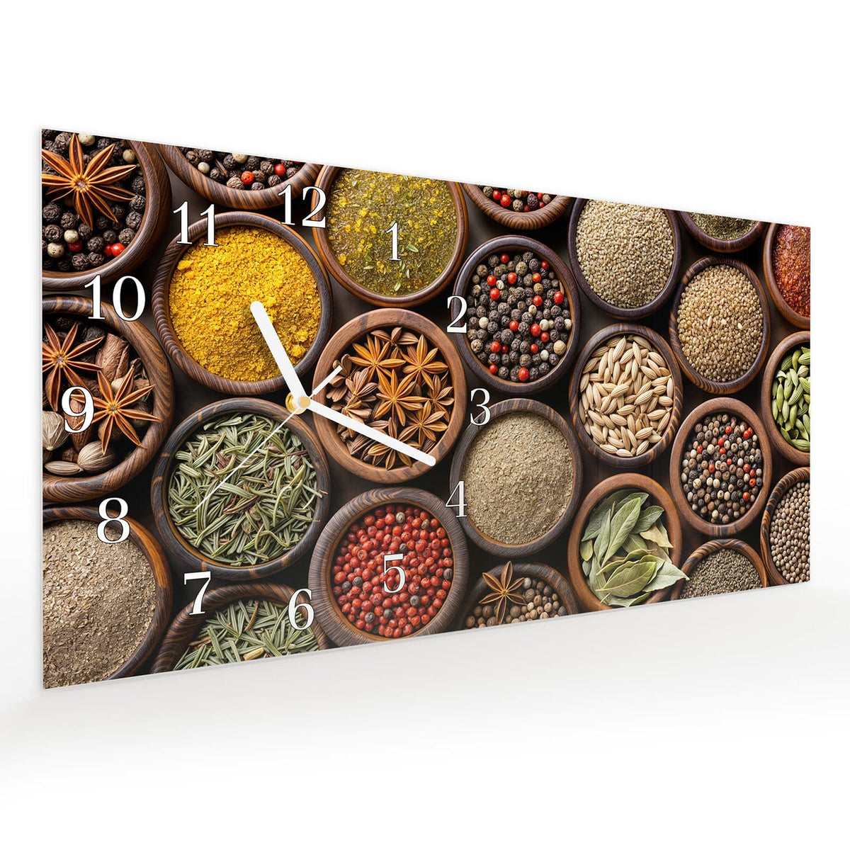Vormontiert – mit Schwebeeffekt – Wanduhr Verschiedene Gewuerze aus Glas – Querformat 60 × 30 cm