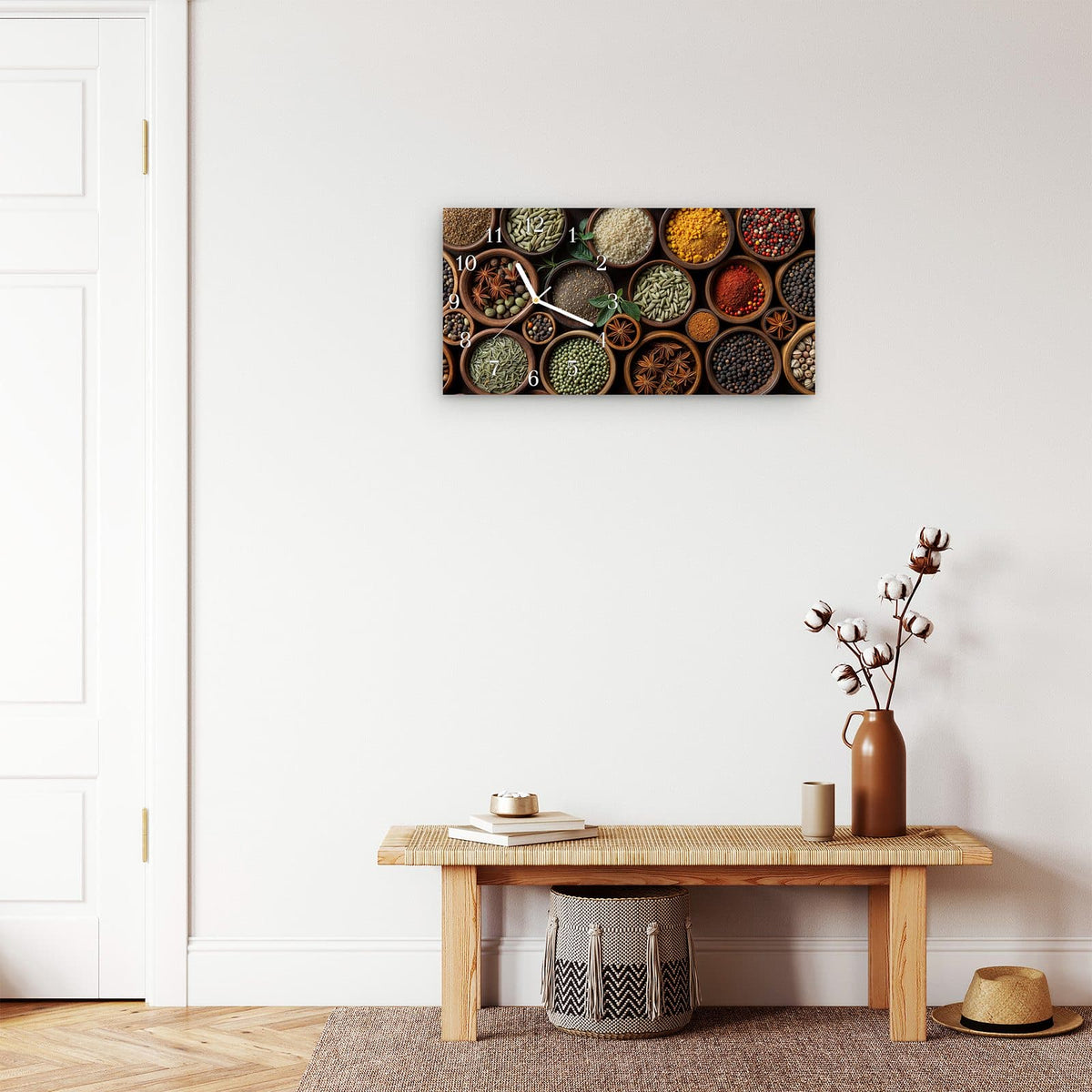 Moderne Wanduhr aus Glas mit Farbtiefe – Wanduhr Vielfalt Gewuerze aus Glas – Querformat 60 × 30 cm