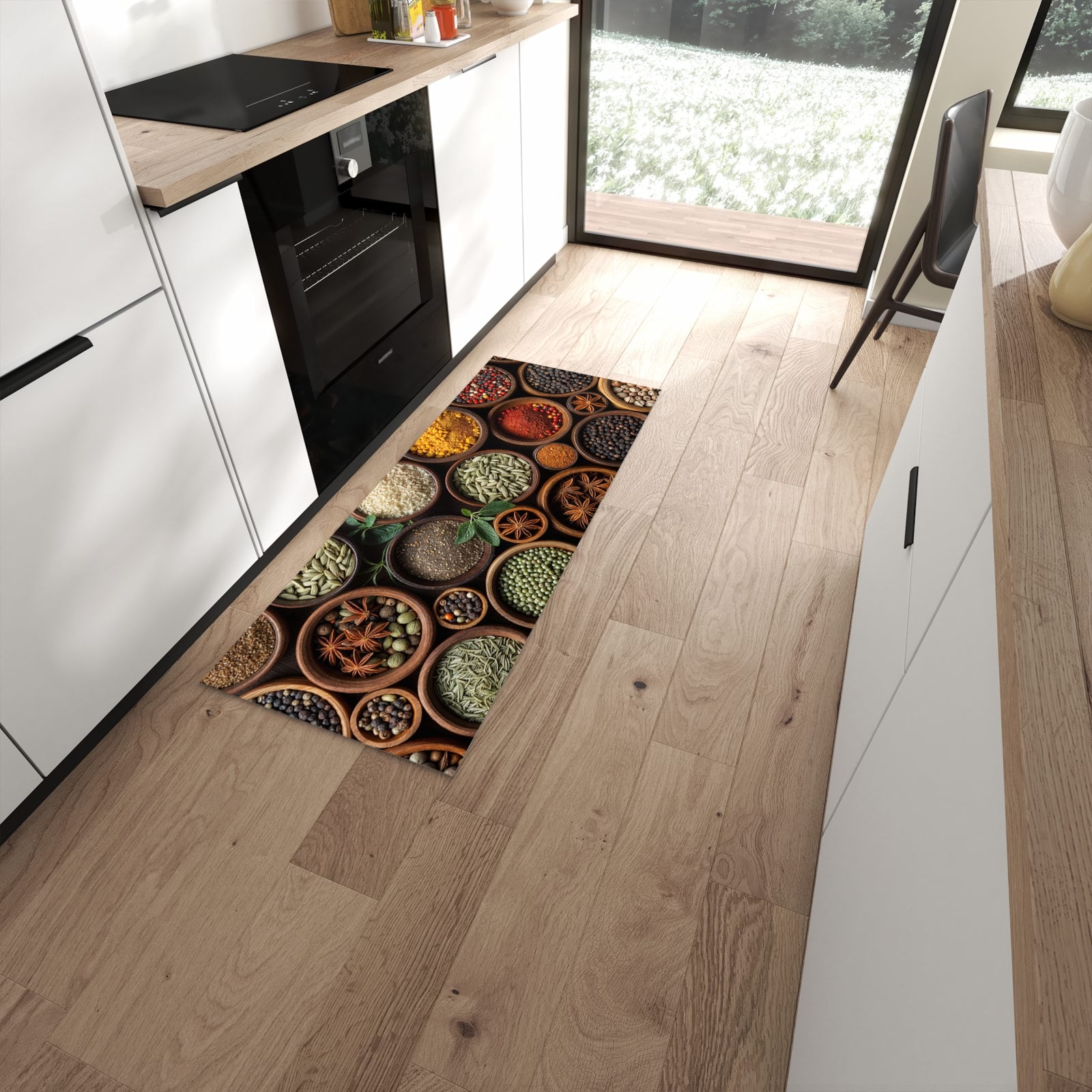 Strapazierfähiger Küchenläufer mit Motiv Vielfalt Gewuerze in moderner Küche #grösse_60 x 150 cm