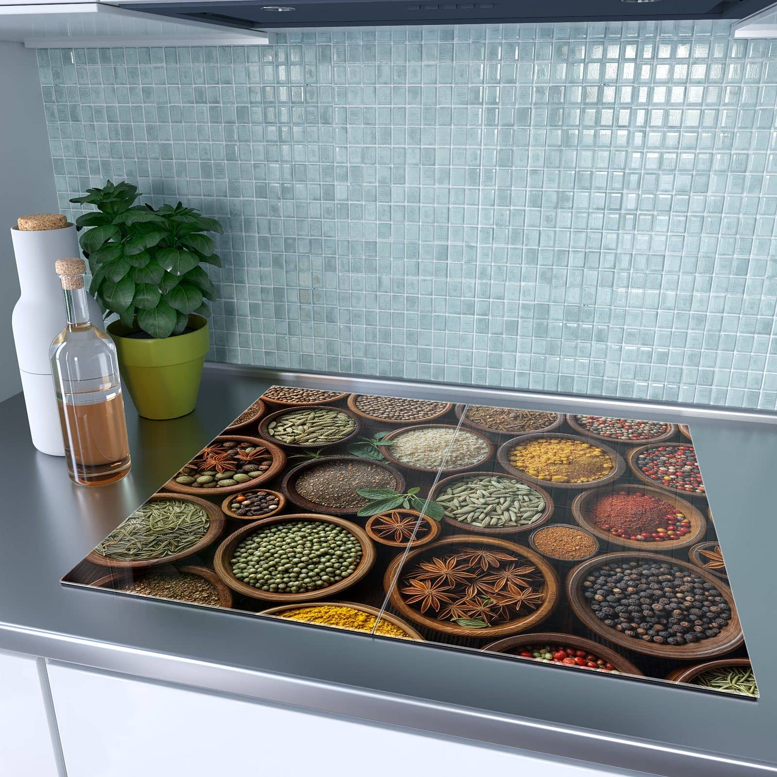 2-teilige Glasabdeckplatte für Ceranfeld mit Vielfalt Gewuerze-Motiv auf dem Ceranfeld