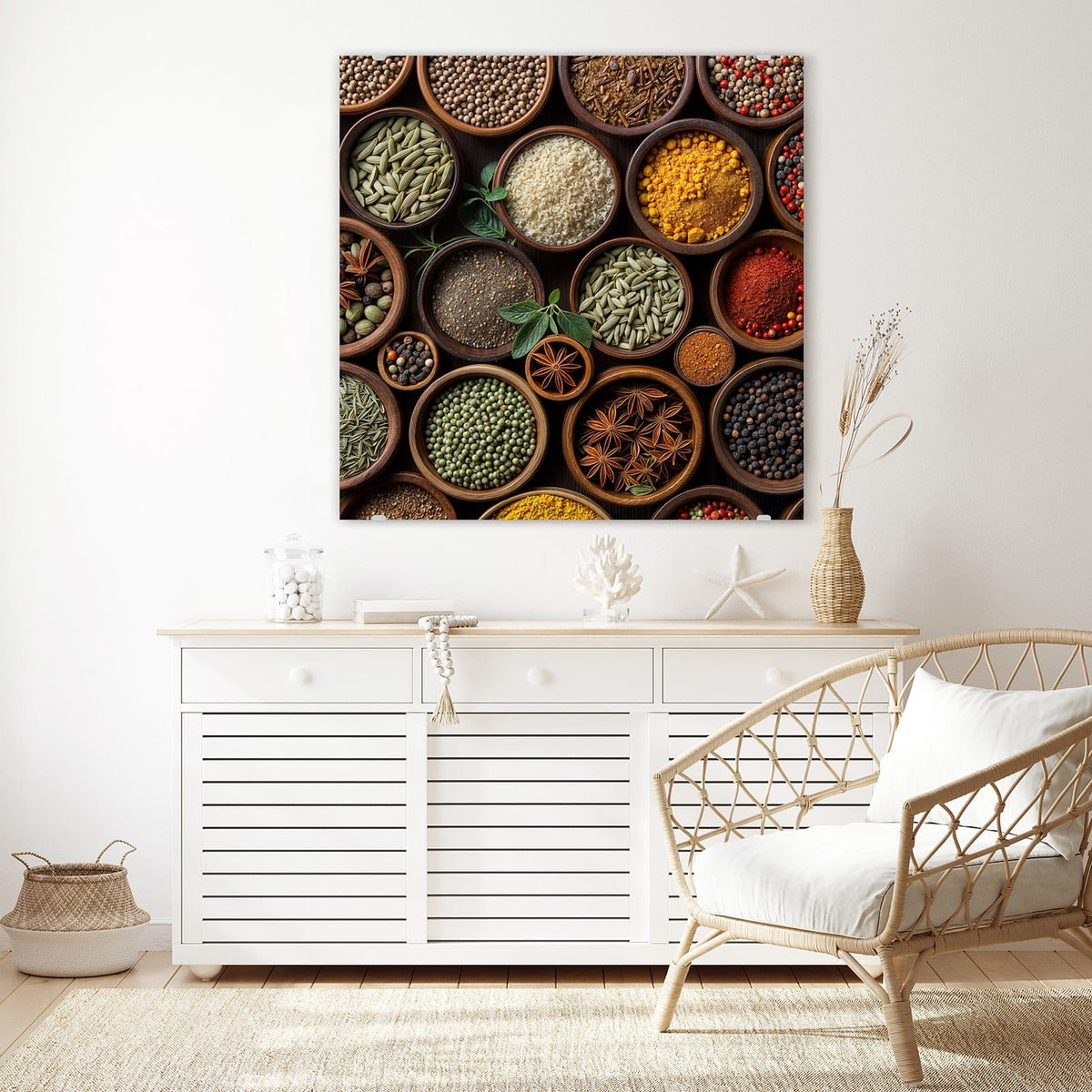 Echtglas, 4 mm – kein Acryl, keine Folie – Wandbild - Bunte Gewürzschalen - Quadratisch