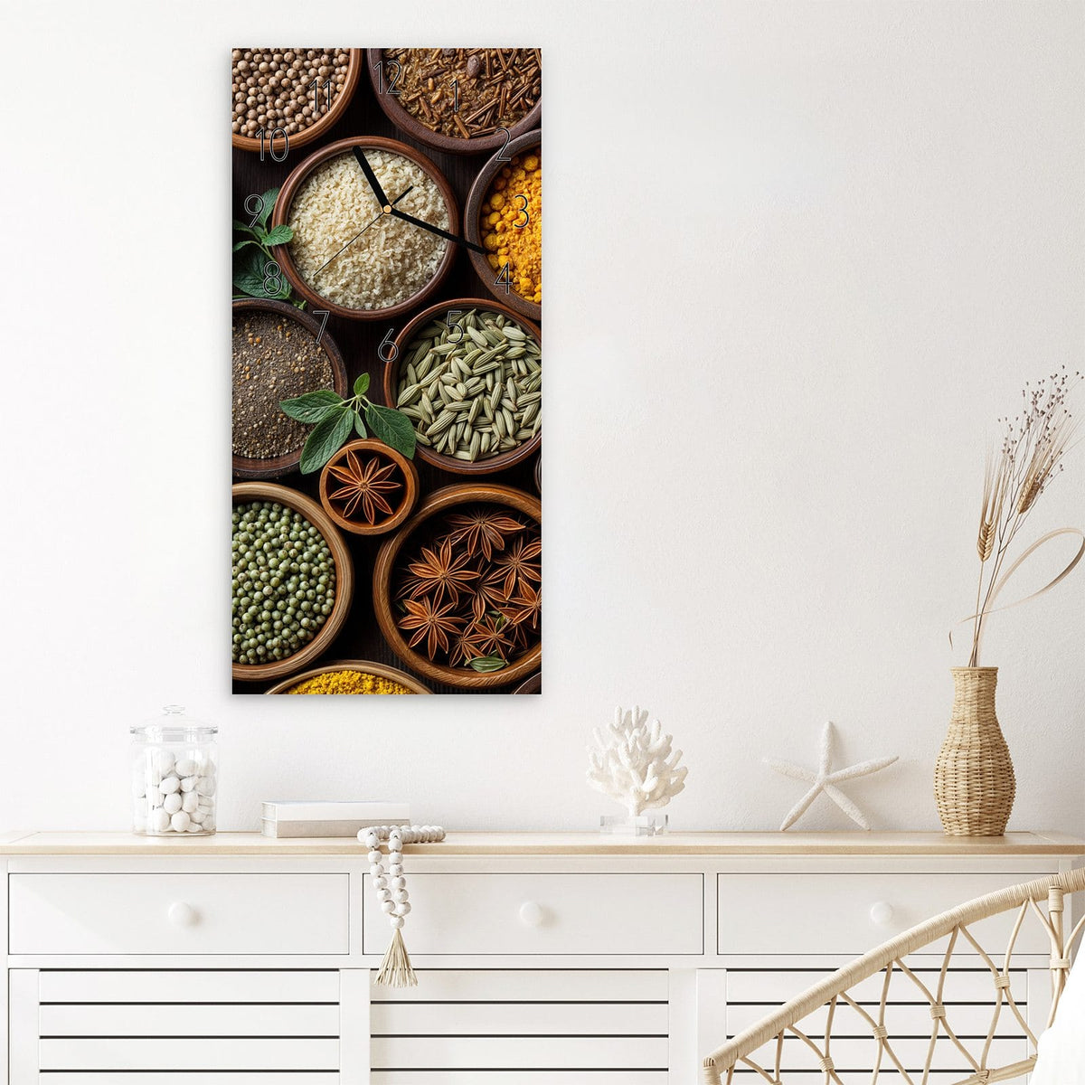 Wanduhr Vielfalt Gewuerze aus Glas – Hochformat 30 × 60 cm – Kaleidoskop aus Gewürzschalen
