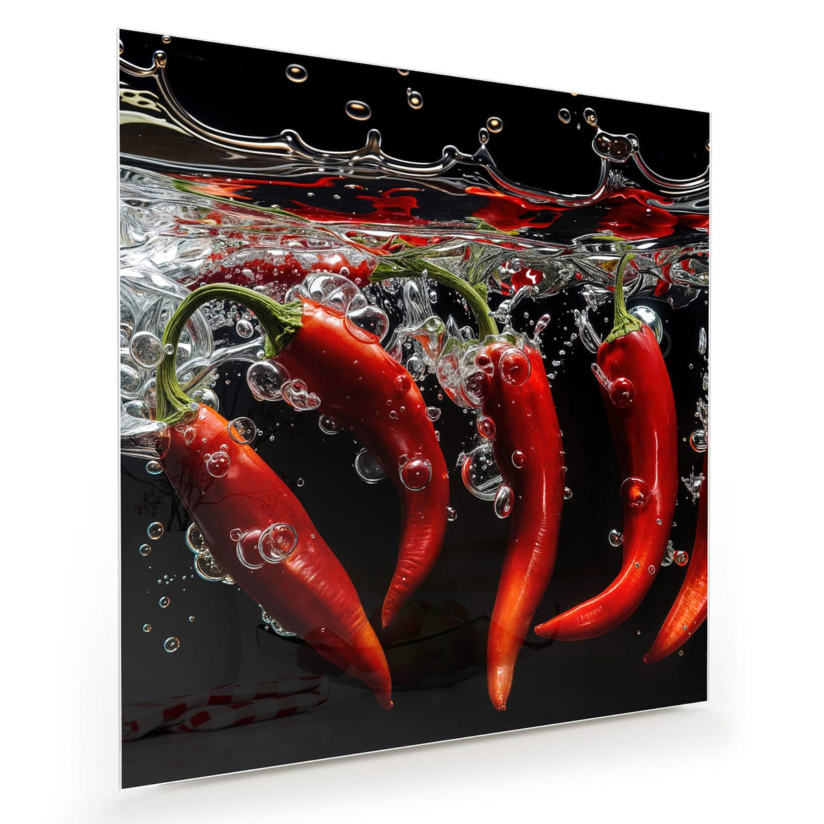 Fünf rote Chilischoten sinken unter die Wasseroberfläche vor schwarzem Grund