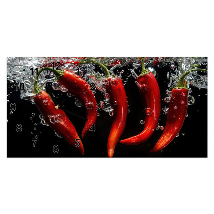Wanduhr Chili unter Wasser aus Glas – Querformat 60 × 30 cm mit Ziffernblatt Modern