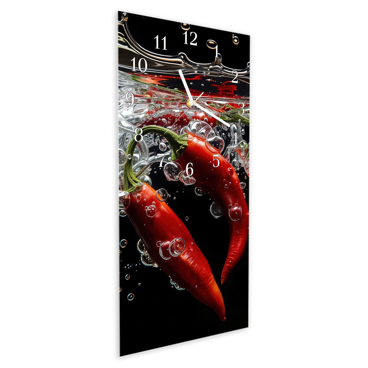 Vormontiert – mit Schwebeeffekt – Wanduhr Chili unter Wasser aus Glas – Hochformat 30 × 60 cm