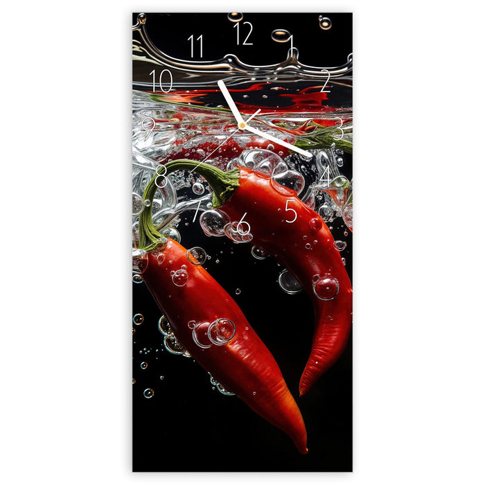 Wanduhr Chili unter Wasser aus Glas – Hochformat 30 × 60 cm mit Ziffernblatt Elegant